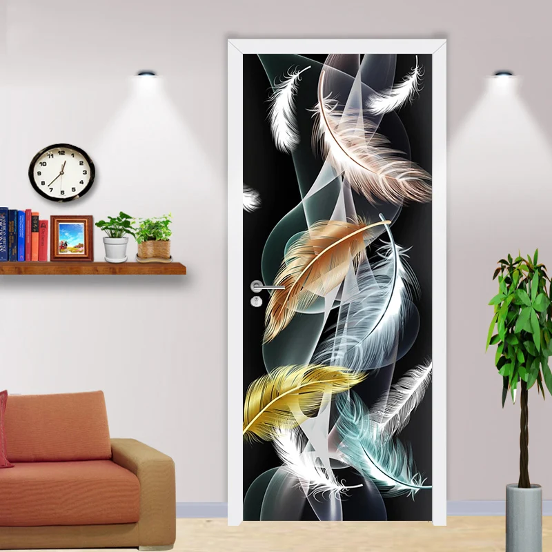 3D Stereoscopic Abstract Smoke Feather Door Sticker Modern Living Room Bedroom Door Decor Wall Mural PVC Self-adhesive Wallpaper