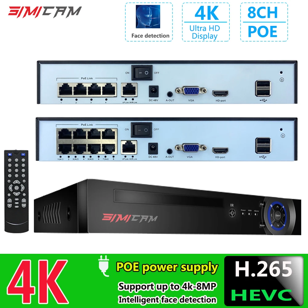 4K 4/8Port POE 10CH NVR (1080p/3MP/4MP/5MP/6MP/8MP/4K) Network Video Recorder Supports up to 10 x 8MP/4K IP Cameras 4K Video out