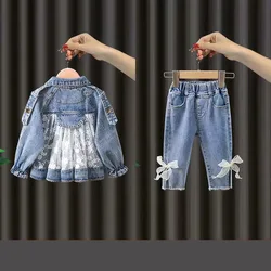 New Children's Denim Jackets Trench Jean Embroidery Jackets Girls Kids clothing baby Lace coat Casual outerwear Spring Autumn