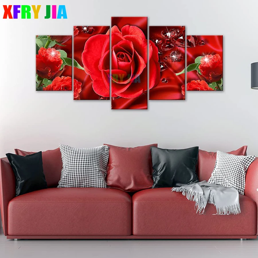 

5D DIY Diamond Painting Red Rose Full Square Round Diamond gem Art Mosaic Cross Stitch Home Decor Beautiful Flower 5 panels set