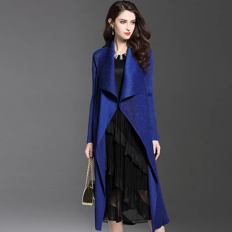 Spring Women's Fashion Pleated Long Windbreaker Turn Down Collar Open Cardigan Women's Shawl Female Trench Coat W1101
