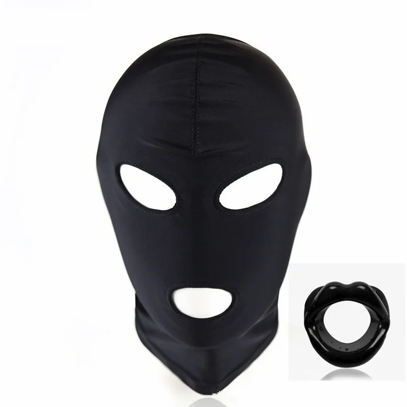 Slave Cosplay Fetish Obedient Open Mouth Gag Oral Sex Toys of Silicone Lips O Ring with Bdsm Bondage Hood Mask Erotic Accessory