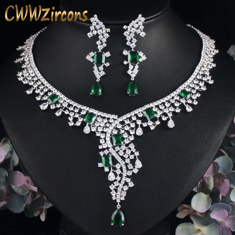 CWWZircons Luxury Green Cubic Zirconia Long Drop Earring Necklace Party Jewelry Set for Brides Wedding Costume Accessories T446