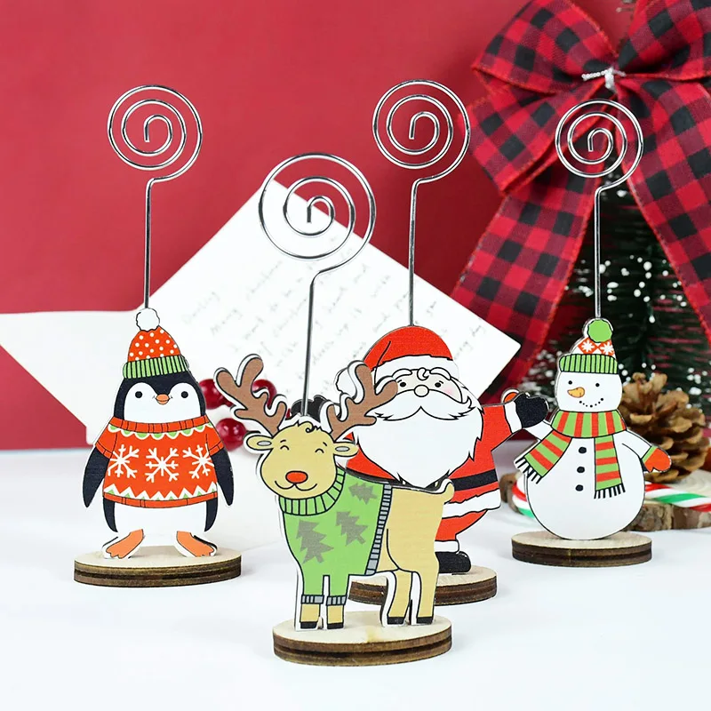 

Christmas Ornament Santa Claus Elk Snowman Wooden Photos Clips Memo Card Holder Wedding Table Number Stand Desktop Decoration