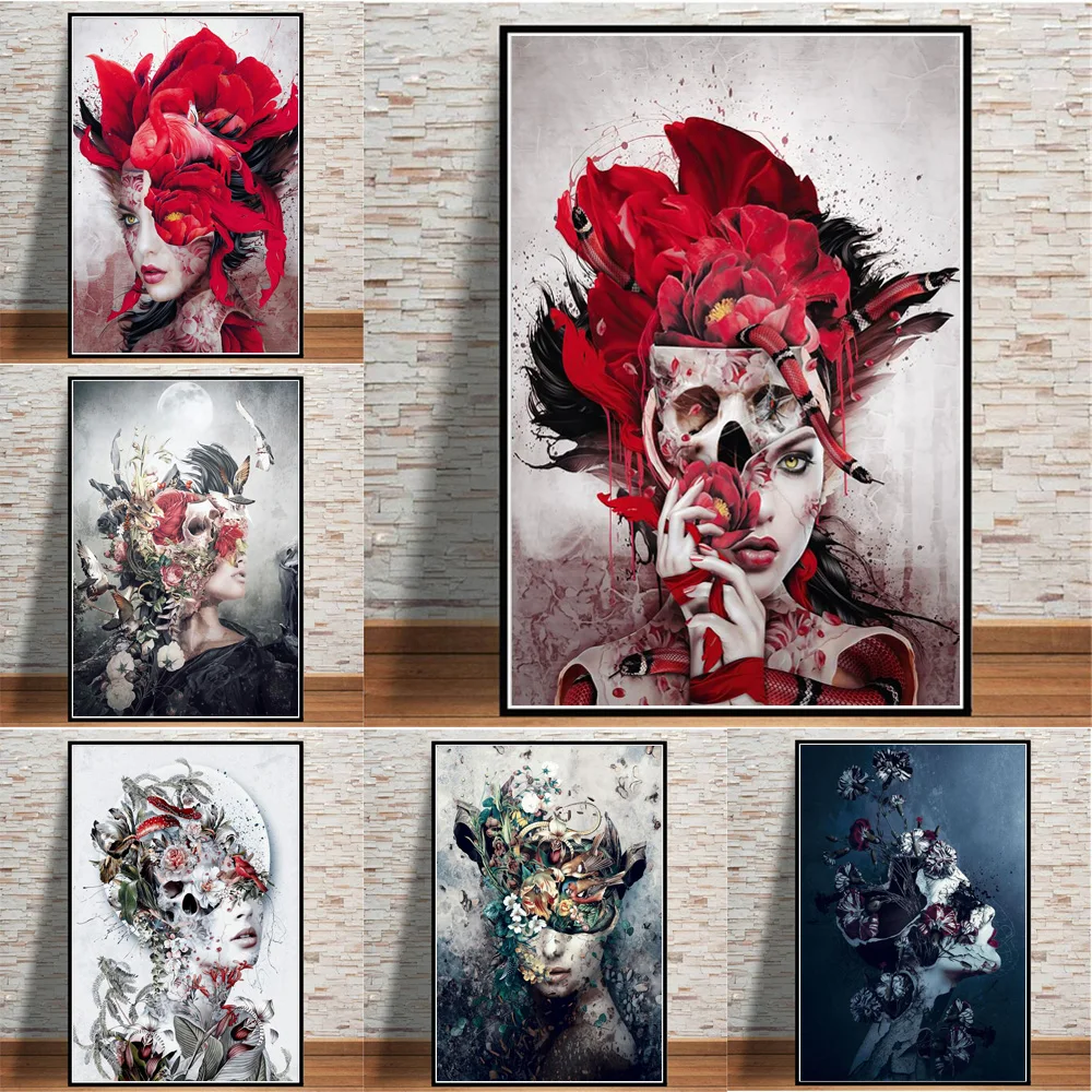 Seductive Flower Skull Girl Evil Decorative Wall Painting On Canvas Poster And Prints Nordic Art Picture For Living Room Cuadros