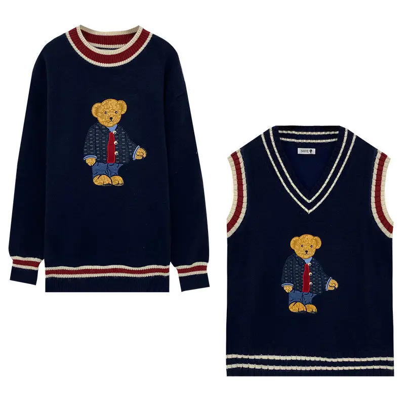 2024 Autumn Winter Women\'s Vest Japanese Style Cartoon Bear Pullover Vest Sweater Oversize Harajuku Kawaii Clothes Knitted Vest