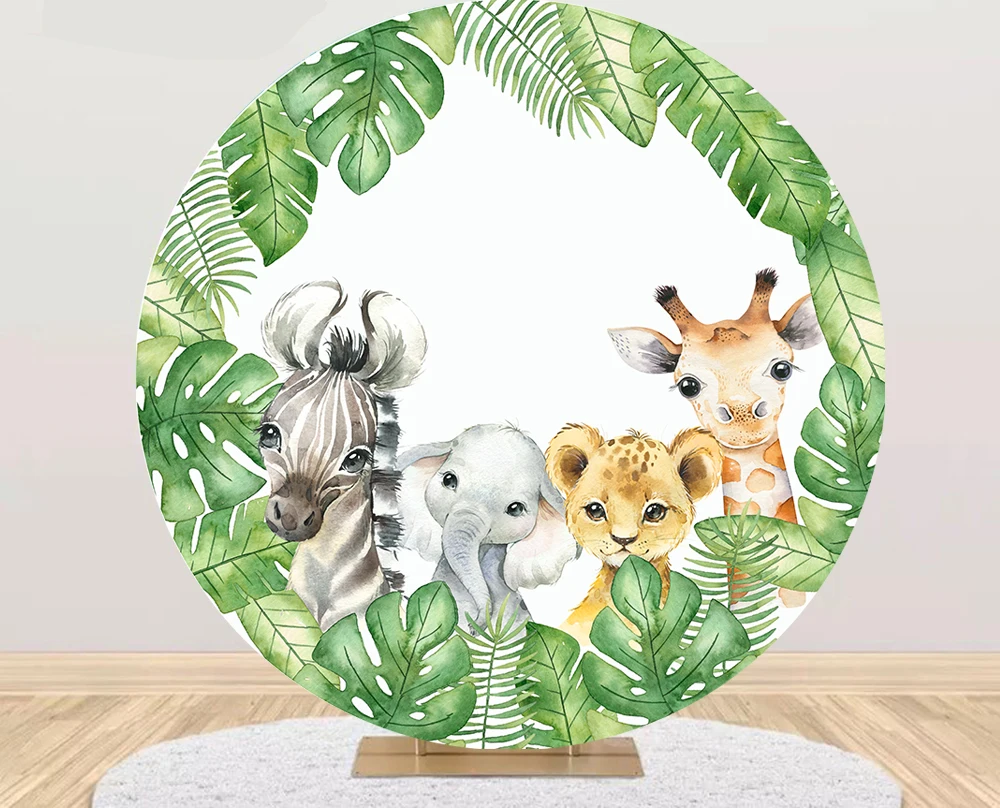 

Jungle Wildlife Animal Baby Shower Photo Background Birthday Party Decorations Round Photography Backdrops Covers Boy Girl