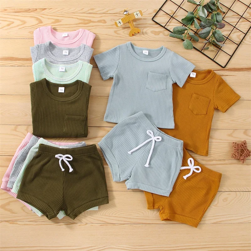 0-24 M Newborn Baby Clothes Summer Outfits Ribbed Knit Short Sleeve T-shirt + Drawstring Short Pant Solid Color Clothes Set