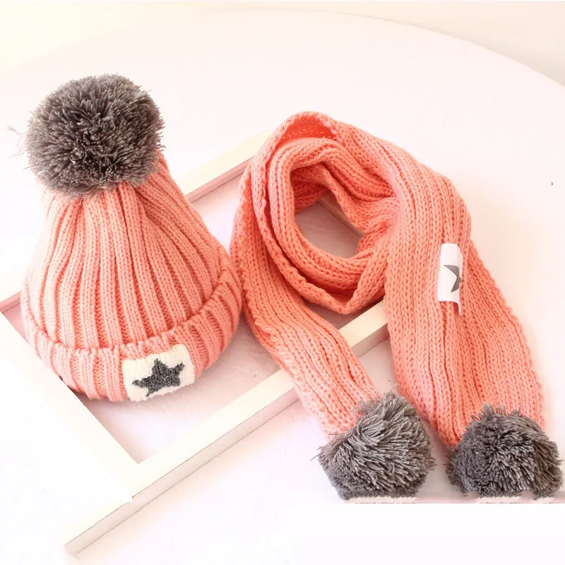 

2Pcs Baby Hats Scarf Set Knitted Winter Plus velvet Five Star Beanie Cotton Warm Pompon Caps Kids Soft Hats Children Girls Boys