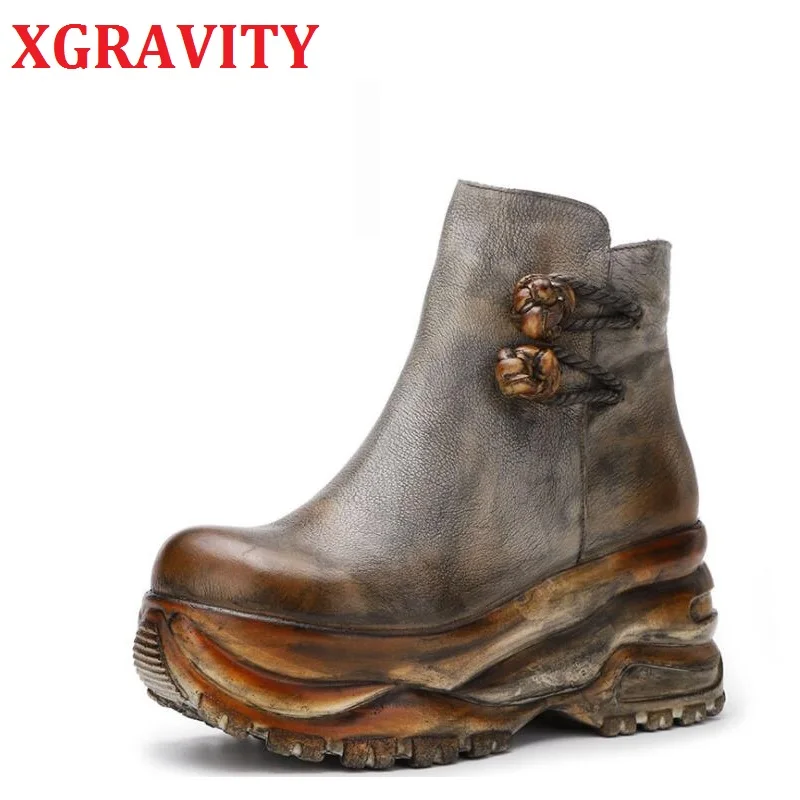 

XGRAVITY Retro Lady Wedge Boots Thick Sole Platform Woman Fashion Shoes Genuine Leather Vintage High Heel Boots Ankle Shoes S057