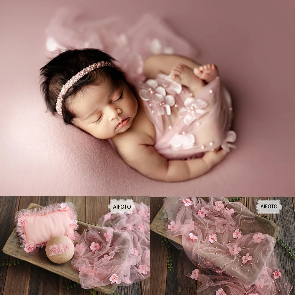 2024 Newborn Photography Props Flower Pearl Mesh Wrap Background Baby Lace Cloth Pillow for Photo Shoot Studio Props Accessories