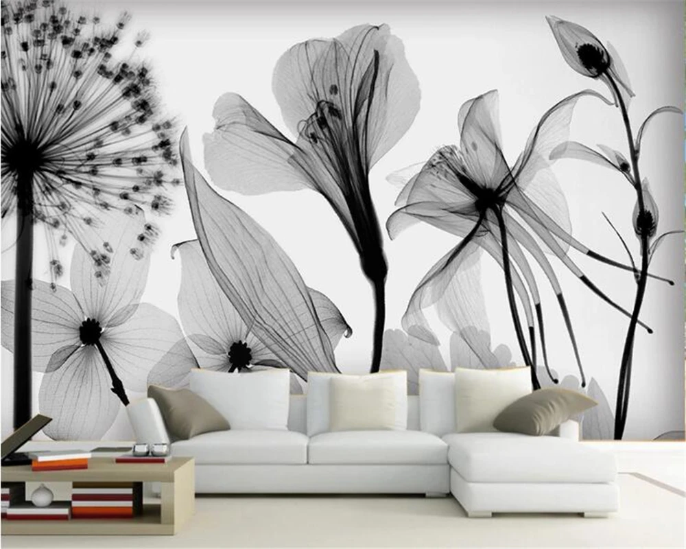 

Custom size 3d wallpaper Black and white flowers Dandelion flower ball mural sketch transparent flower decorative painting