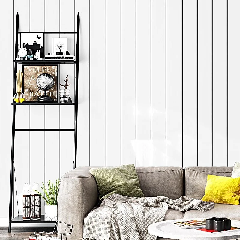 Nordic Style Wallpaper Ins White Wood Grain Imitation Wood Black and White Vertical Stripes Living Room Bedroom TV Background