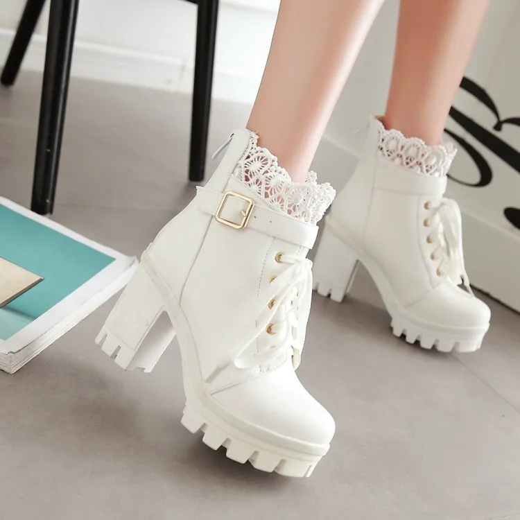 Winter New pattern High-heeled Coarse heel boots Frenulum Waterproof Thick bottom Large code white Women Boots