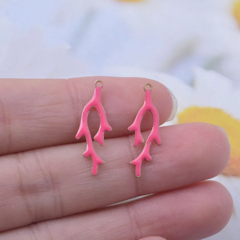 30pcs 22*8mm  Copper Both Sided Enamel Coral Charms Branch Pendant DIY Jewelry Earring Making