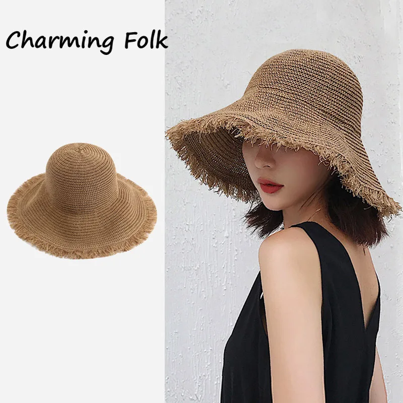 2021 NEW Hat woman summer straw hat woman folding outdoor sunshade hat furry edge hollowed beach hats women fashion elegante cap