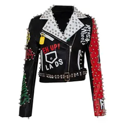 Punk Style DJ Costume Faux Leather Jacket  Women Foosters Pattern Rivet High Waist Motor Jackets