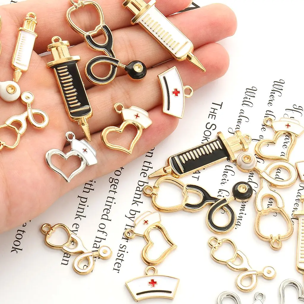 10pcs Nurse Medical Tool Injection Syringe Stethoscope Image Nurse Cap Charm Pendant Necklace Keychain For DIY Jewelry Making