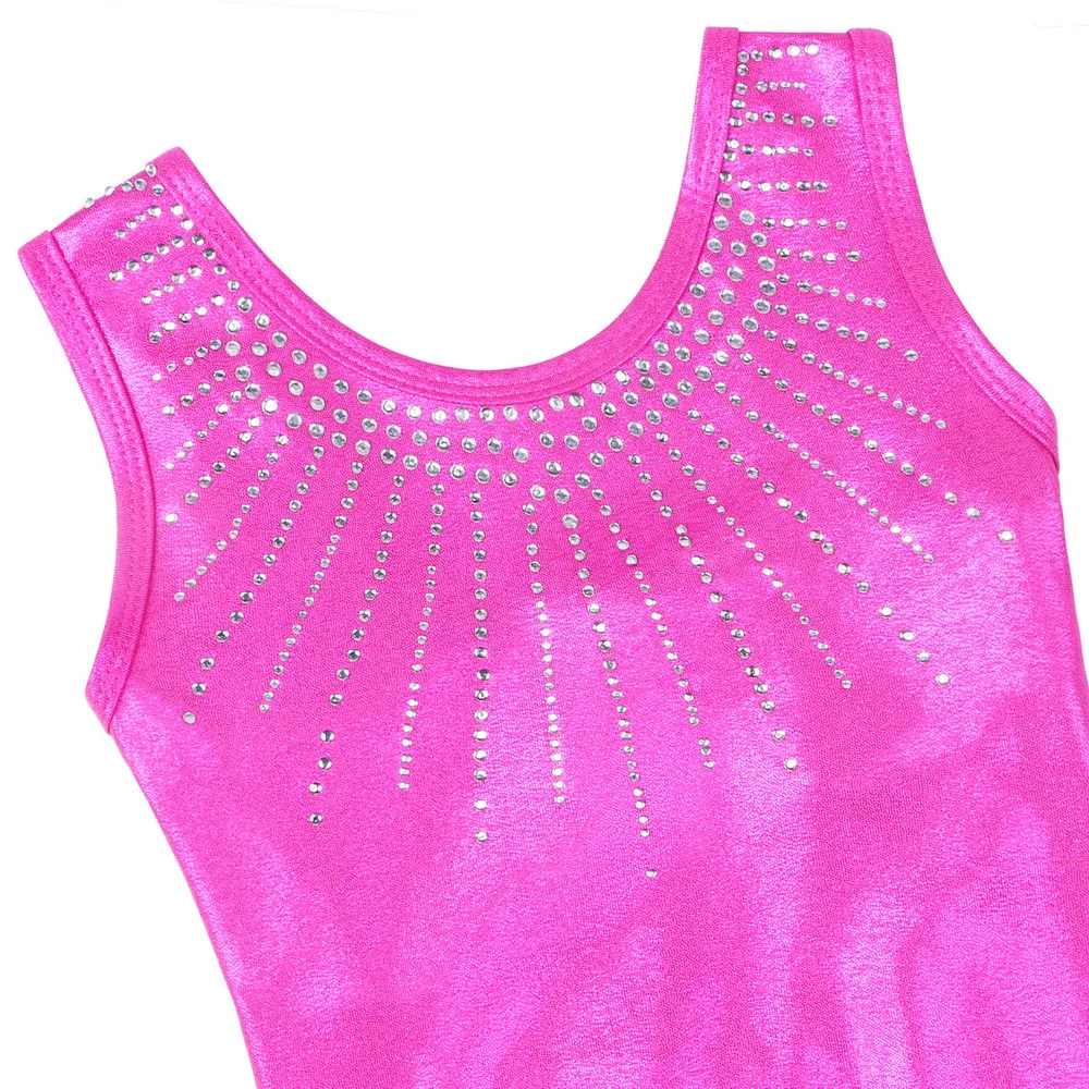 BAOHULU 3-12Y Girls Sleeveless Gymnastics Unitards Hotpink Rhinestone Leotards for Girls Kids Teenage Gym Suit Stage Dance Wear