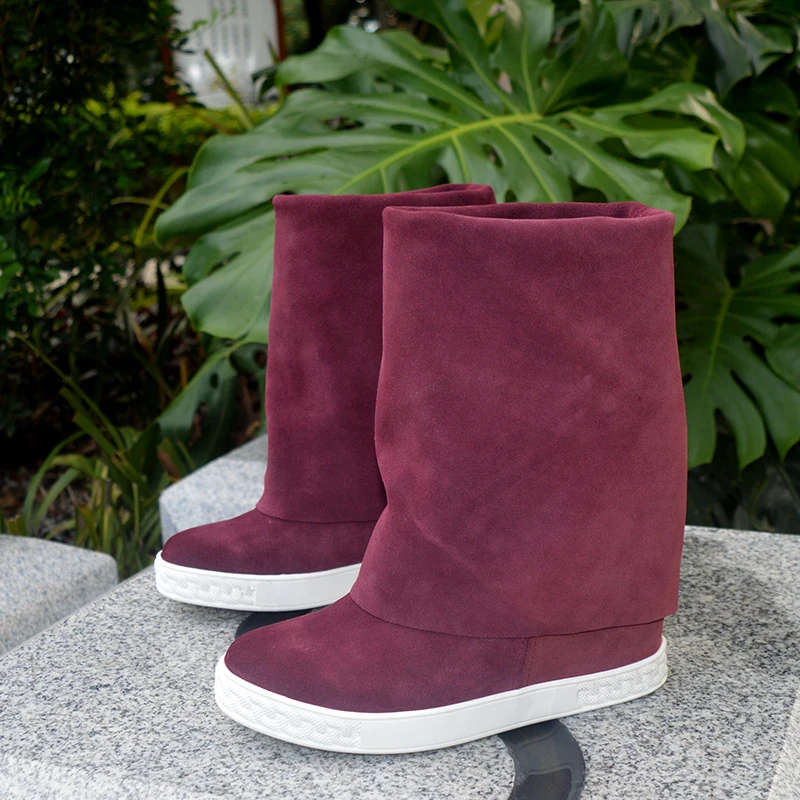 Fashion Maroon Red Suede Knee Boots Two Wear 8CM hidden inner heel Woman Shoes Thick Sole Slip On Foldover Bottine Real Photos