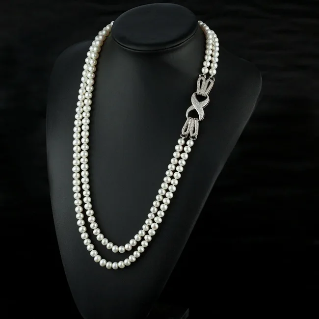 

hot sell Natural 7-7.5 mm white freshwater pearl eight buckles multilayer sweater chain long necklace fashion jewelry