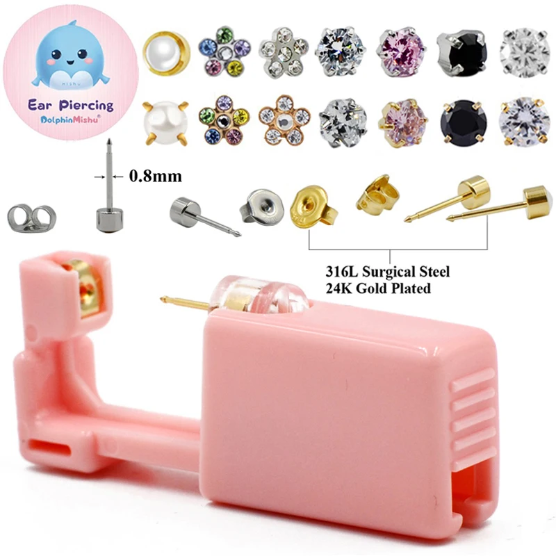 24PCS DolphinMishu Ear/Nose Piercing Cartilage Tragus High Quality Piercer Tool Pink Machine Kit 316L Steel Studs Body Jewelry