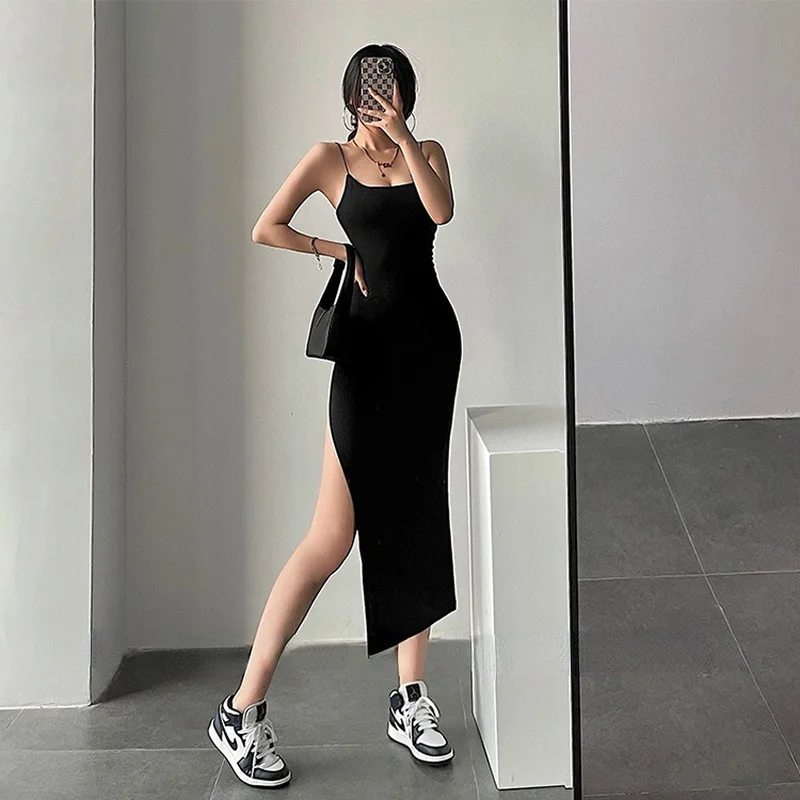 Sleeveless Dress Women Pure Color Bodycon Streetwear Simple European Style Hot Girls Side-slit Sexy Design Ladies Trendy Vestido