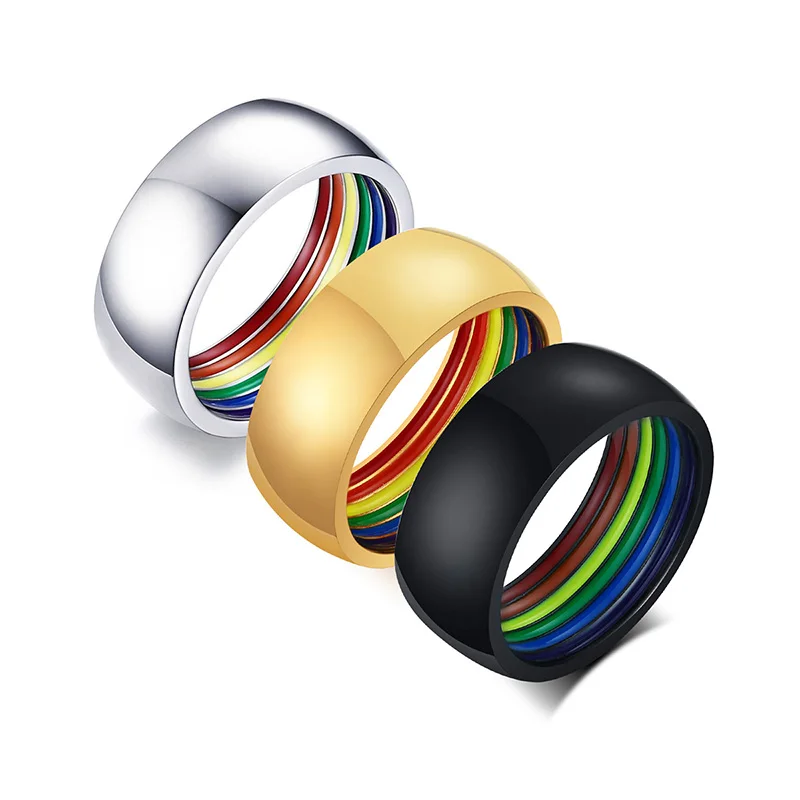 Simple Style Stainless Steel LGBQ Pride Rings for Women Men Unisex Jewelry Rainbow Stripes Inside Dome Shape Finger Gifts