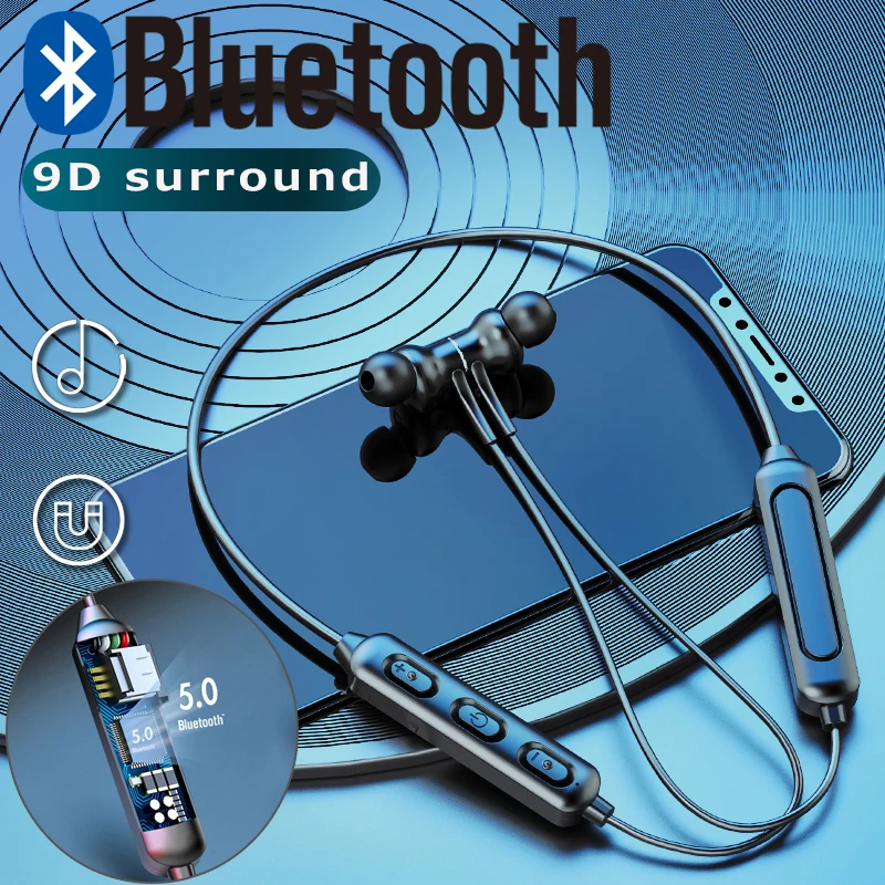 Bluetooth 5.0 Headphones Stereo HIFI Wireless Sports Headphone  Portable Waterproof Neck-Style Magnetic Headset For Running