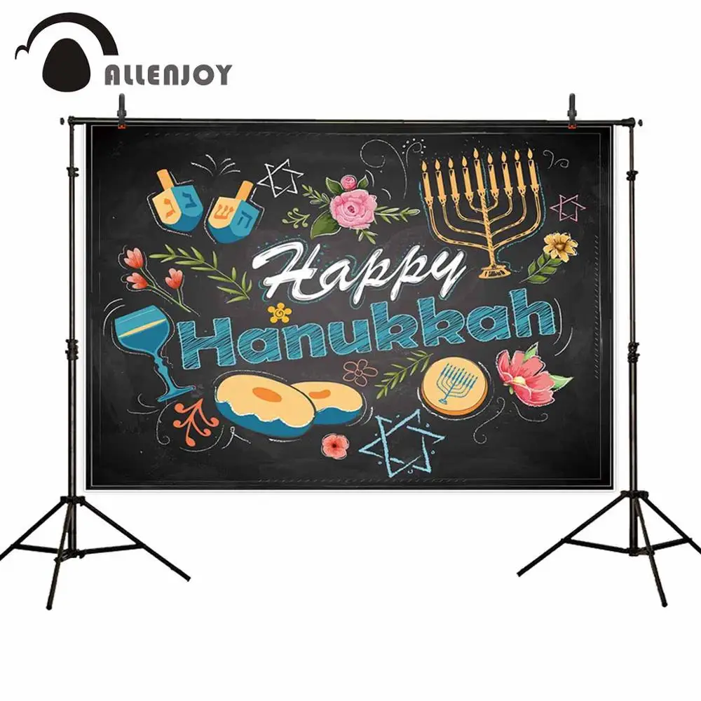 Allenjoy Festival Party Backdrops Happy Hanukkah Candles Bread Flowers Black Background Celebrate Event Photozone Decoration