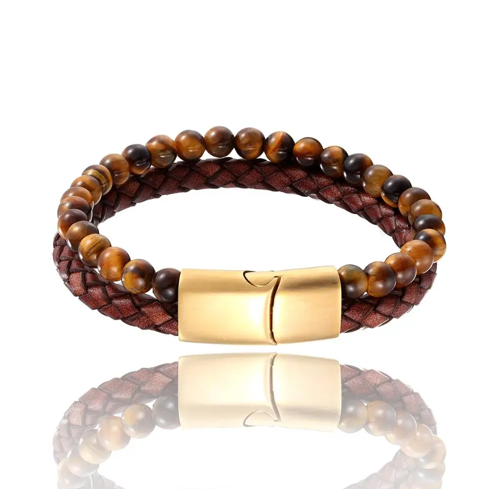 New Stainless Steel 6MM Natural tiger eye Beads Bracelet Weave Genuine Leather Stainless Steel Bracelet Women Men Wrist Band