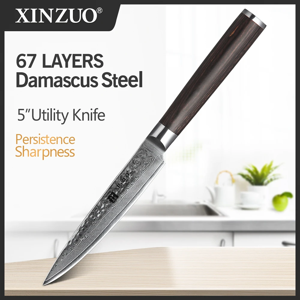 XINZUO 5\'\' Inch Utility Knife Damascus Steel Kitchen Knives Professional Stainless Steel Table Paring Knife Pakka Wood Handle