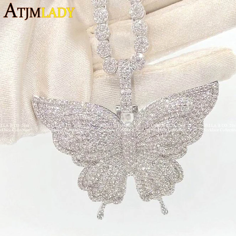 

2021 New Arrived Iced Out Bling Women Jewelry 16'' 18'' Round Cut Sparking CZ Tennis Chain Pink White Butterfly Choker Necklace