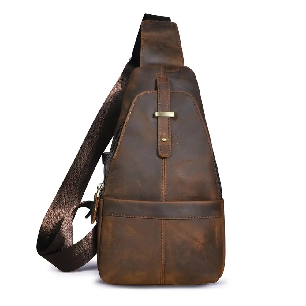 Men Crazy Horse Leather Casual Retro Triangle Chest Bag Design Sling One Shoulder Bag Crossbody Bag Daypack For Male 196