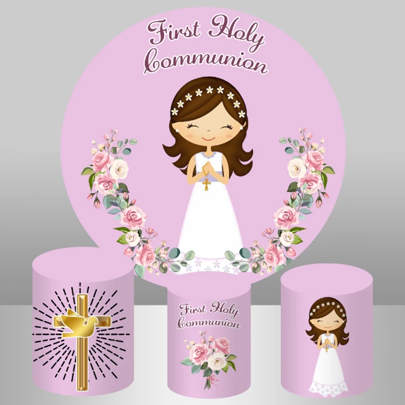 

Holy Communion Circle Round Backdrop Cover Baby Girl Baptism Floral Tablecloth Newborn Shower Party Decoration Background Banner