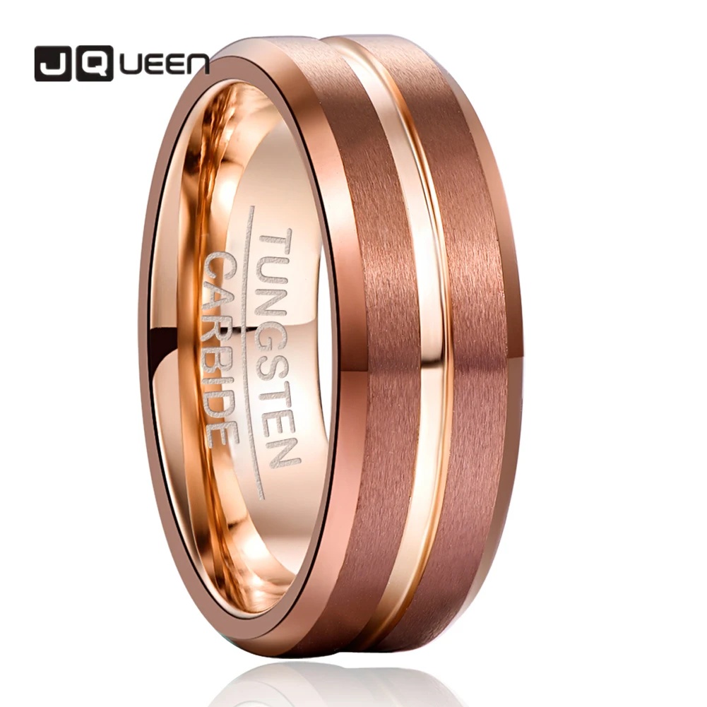 JQUEEN 8mm Tungsten Carbide Ring Brown Plating + Rose Gold Middle Groove Angle Tungsten Steel Men's Ring Comfort Fit