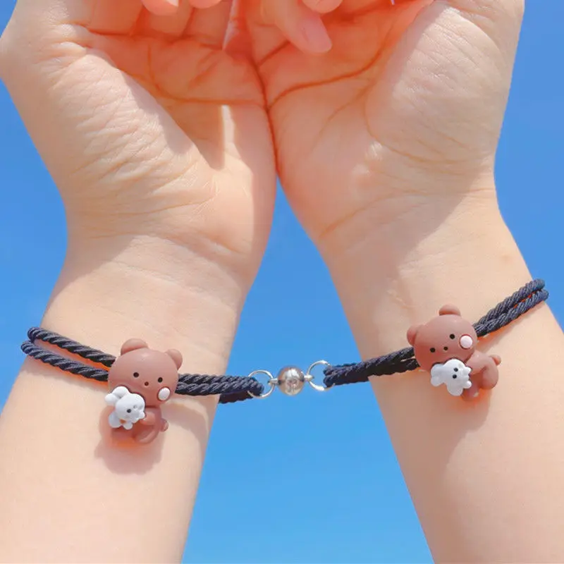 2pcs Magnet Couple Bracelets Cute Animals Pendant Magnetic Adsorption Paired Braclet Lovers Bracelet Braided Rope Wrist Chain