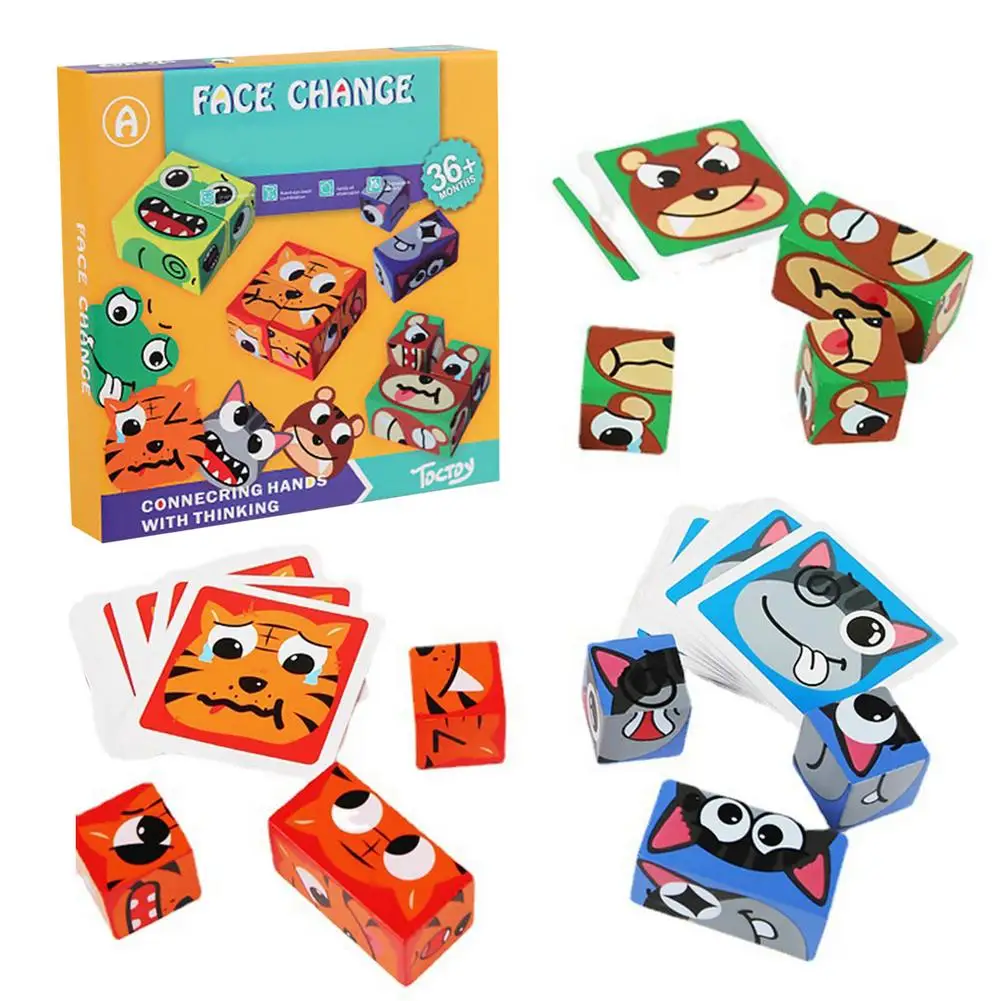 

Wooden Face-Changing Block Puzzle Animal Expressions Matching Building Cube Blocks Montessori Puzzle Games Toy Educational Bo