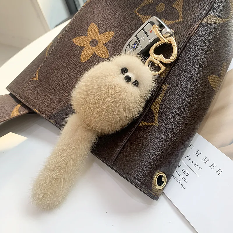 Luxury Real Mink Fur Keychain Soft Cute Fox Toys Women HandBag Ornament Pendant Car Key Ring Fox Tail Trinket Gifts Accessories