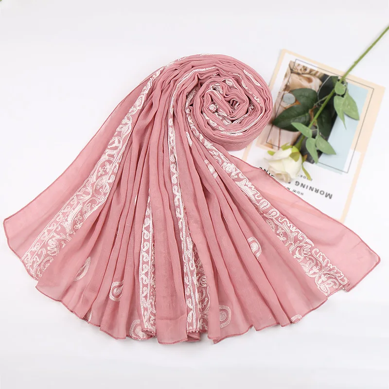 11 Colors Plain Embroider Cashew Nut Floral Viscose Shawl Scarf Women High Quality Pashmina Stole Bufandas Muslim Hijab 180*90Cm