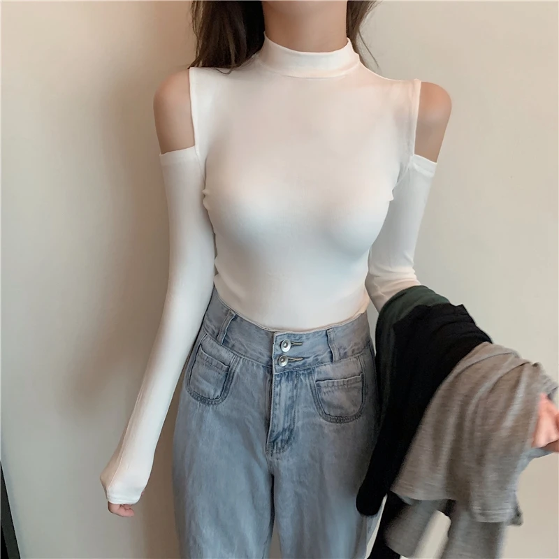 Sexy Off Shoulder Tops Womens Spring Autumn Long Sleeve T-shirt Korean Elegant Laides Slim Fit Coffee Green Gray Black White Top