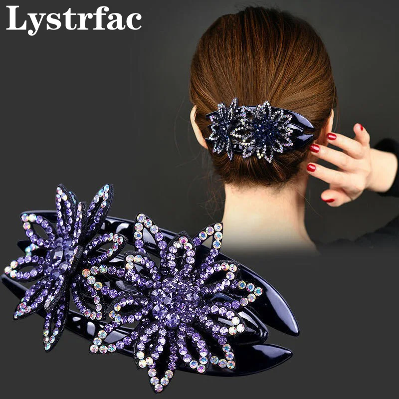 Lystrfac Exquisite Elegant Flower Hair Grab Women Hair Claw Rhinestone Duckbill Clip Adult Plate Hairpin Back Hair Accessories