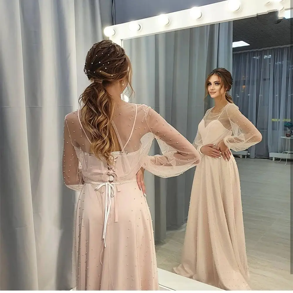 Stunning Wedding Dress A-Line Petite Women Long Puff Sleeve Pink Graceful Pleat Women Bridal Gowns Charming Pearls Backless