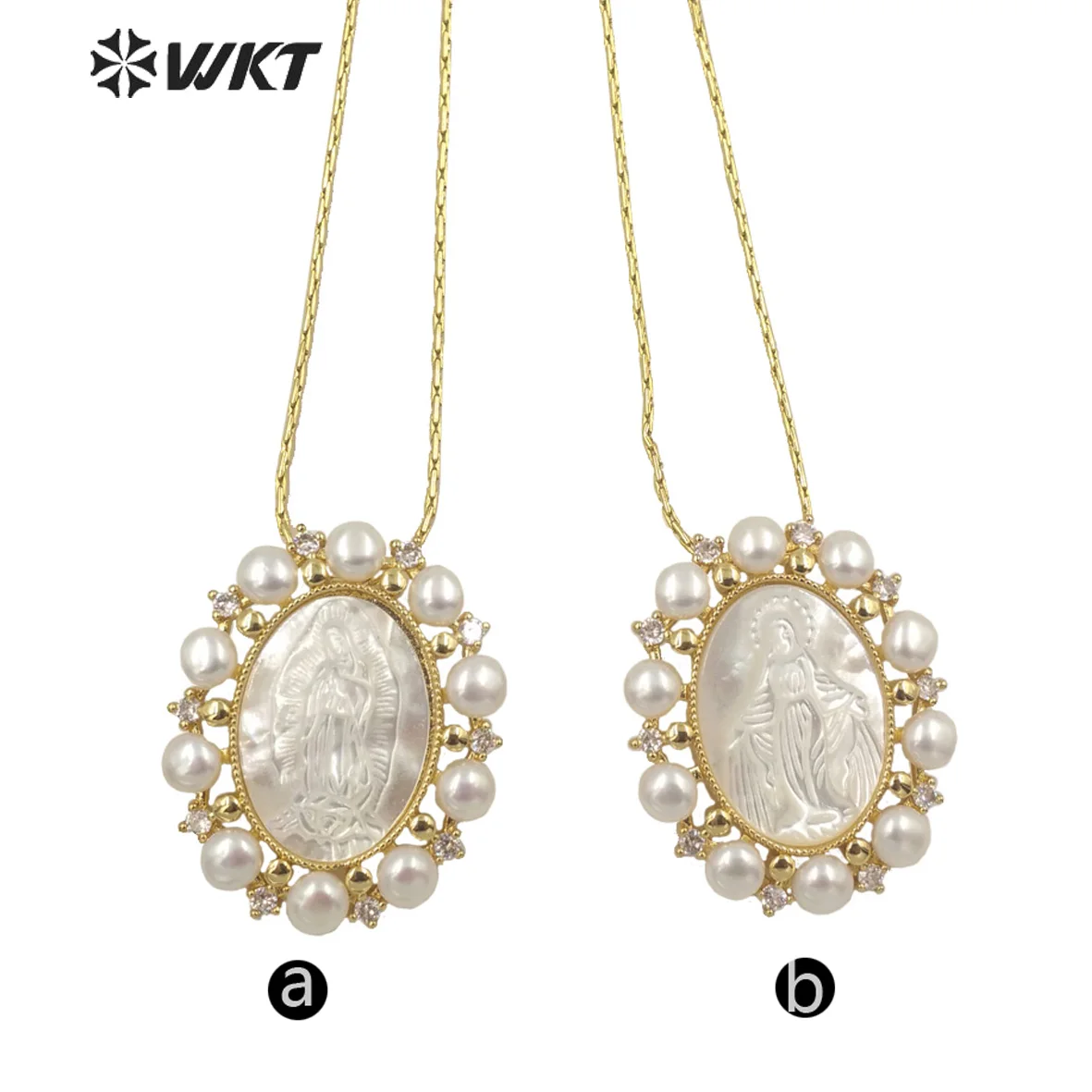 WT-JN164 WKT Gorgeous Natural Freshwater Pearl With Shell Necklace Virgin Mary Pendant In Christian Baroque Style Wholesale