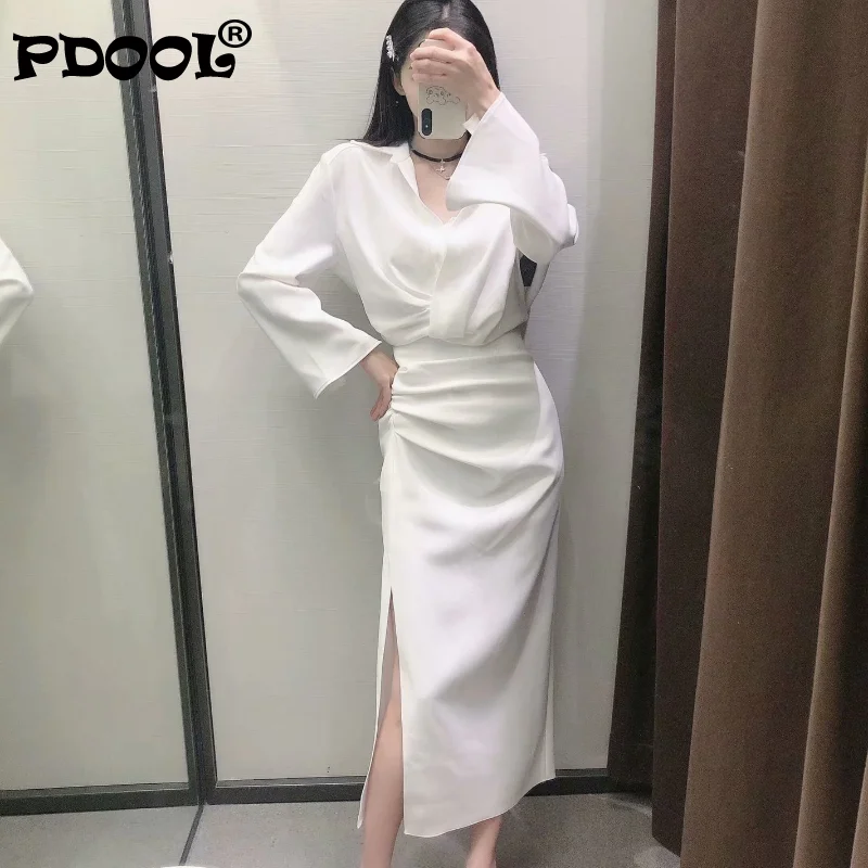 Skirt Female 2023 Summer Fashion Ladies Draped White Straight Retro Elegant Chic Skirt Sexy Hem Slit Work