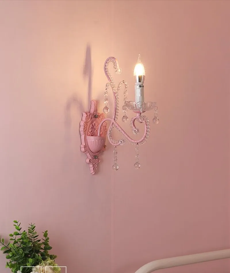 Korean Princess Room Wall Lamp European Pink Bedroom Bedside Girl Child Room Crystal Lamps