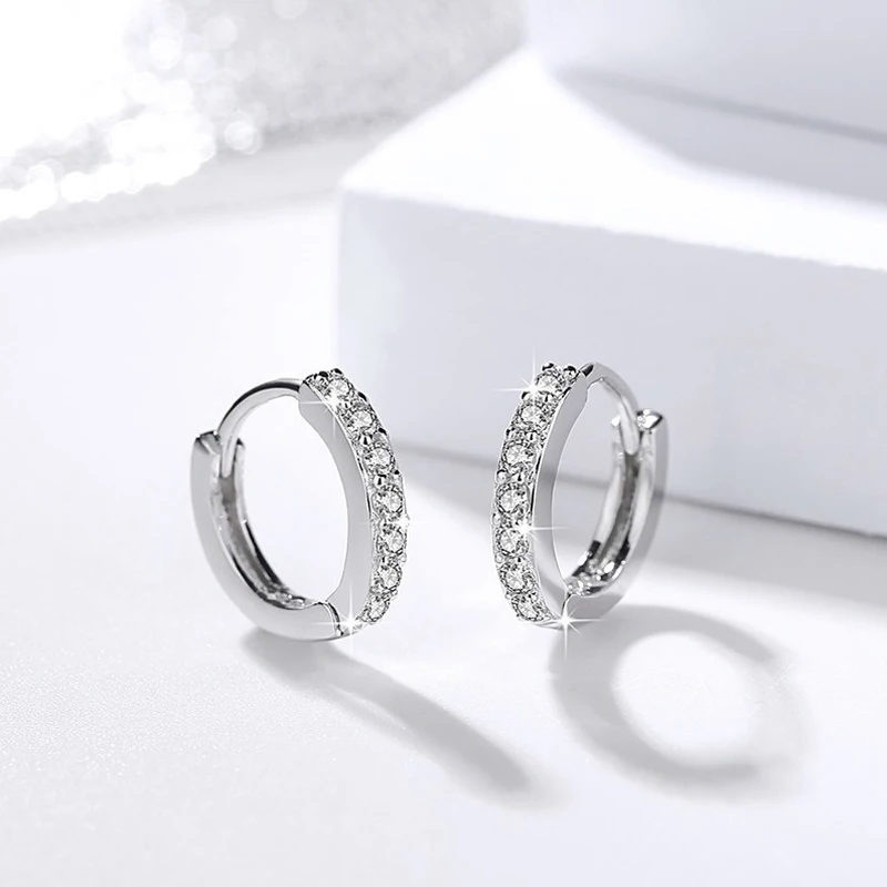 New Punk Rock Jewelry Girl&Men 925 Sterling Silver Simple Exquisite Hoop Earrings Unisexual Shine Rhinestone Hook Ear Circle