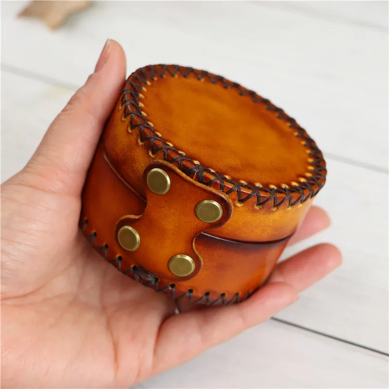 Creative Handmade Leather Round Coin Purse Necklace Bracelet Jewelry Storage Tank Earphone Data Cable Small Object Storage Box