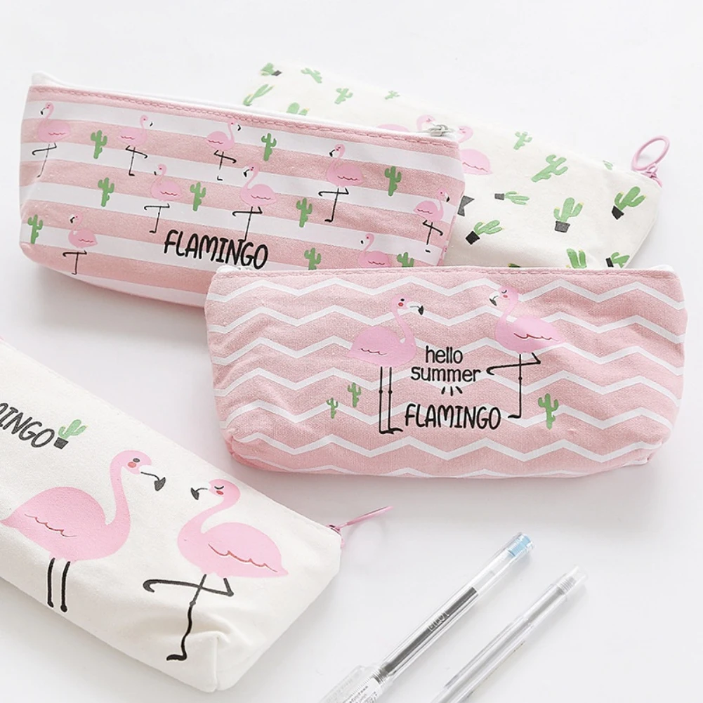 Flamingo Cactus Pencil Case Canvas Stationery Bag Pouch School Student Gift