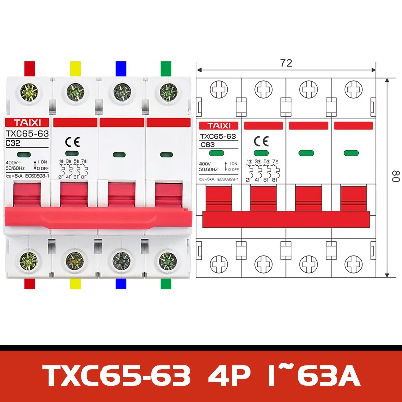6KA MCB C65N-63 Miniature Circuit Breakers with Indication AC 400V 1P 2Pole 3P 4P 6000A Breaking 30A 60A